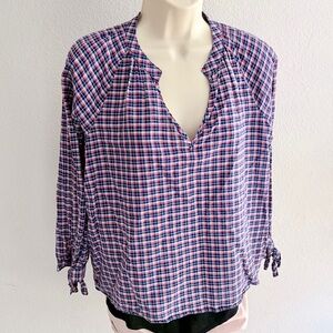 Madewell Whitby Plaid Tie Sleeve Popover Blouse Cotton Linen Size M
